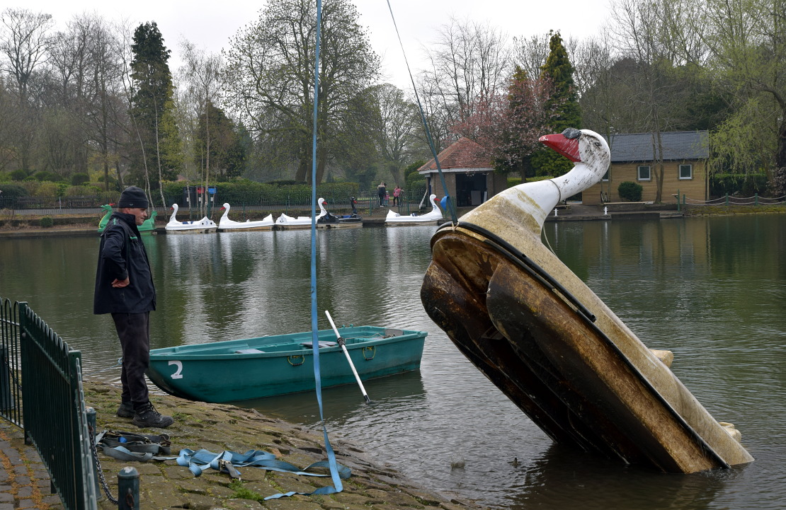 Extracting a sunken pedal boat at Saltwell Park in Gateshead