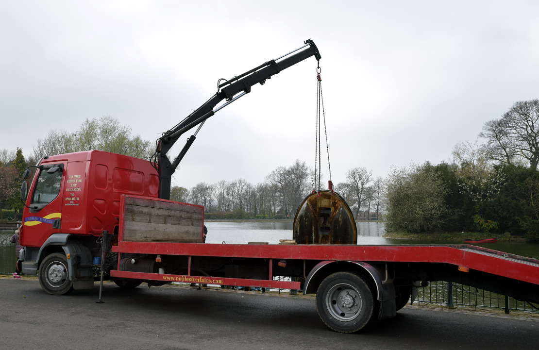 Extracting a sunken pedal boat at Saltwell Park in Gateshead